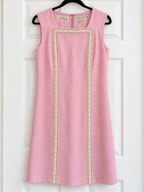 Vintage 1960s Roland Made in Italy Pink Sheath Dress-Square Neck Ivory Pearl Tri